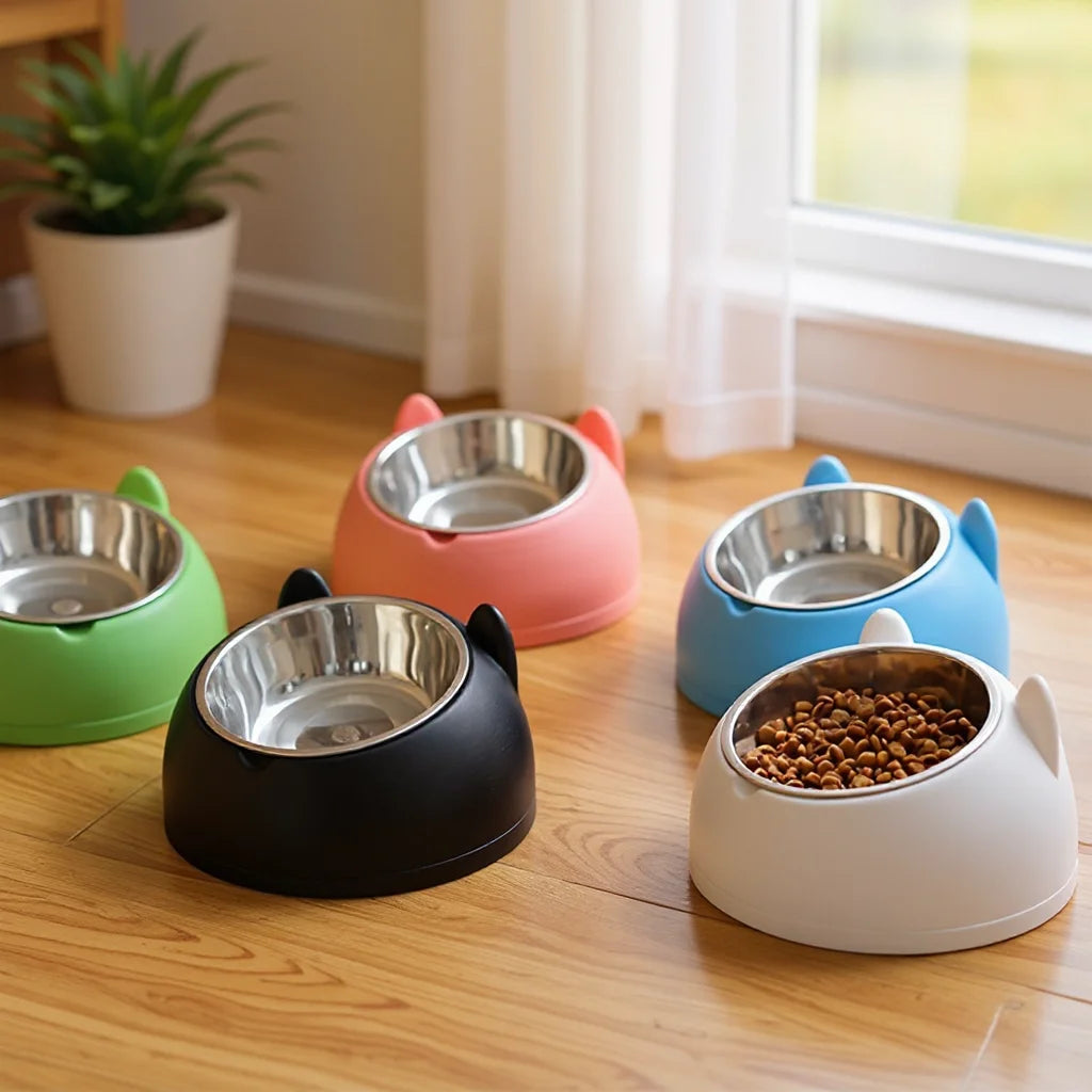 Bol surélevé en acier inoxydable pour chat, plat de nourriture et d'eau incliné avec support d'oreille mignon, conception de Protection du cou pour chats