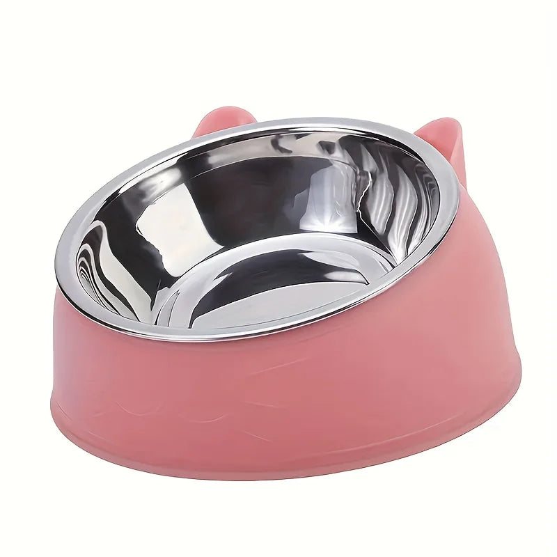Bol surélevé en acier inoxydable pour chat, plat de nourriture et d'eau incliné avec support d'oreille mignon, conception de Protection du cou pour chats
