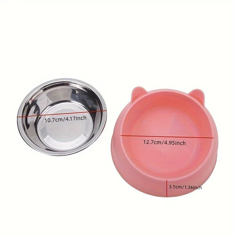Bol surélevé en acier inoxydable pour chat, plat de nourriture et d'eau incliné avec support d'oreille mignon, conception de Protection du cou pour chats