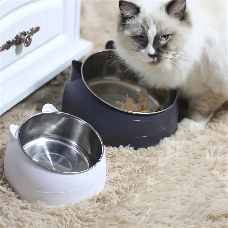Bol surélevé en acier inoxydable pour chat, plat de nourriture et d'eau incliné avec support d'oreille mignon, conception de Protection du cou pour chats